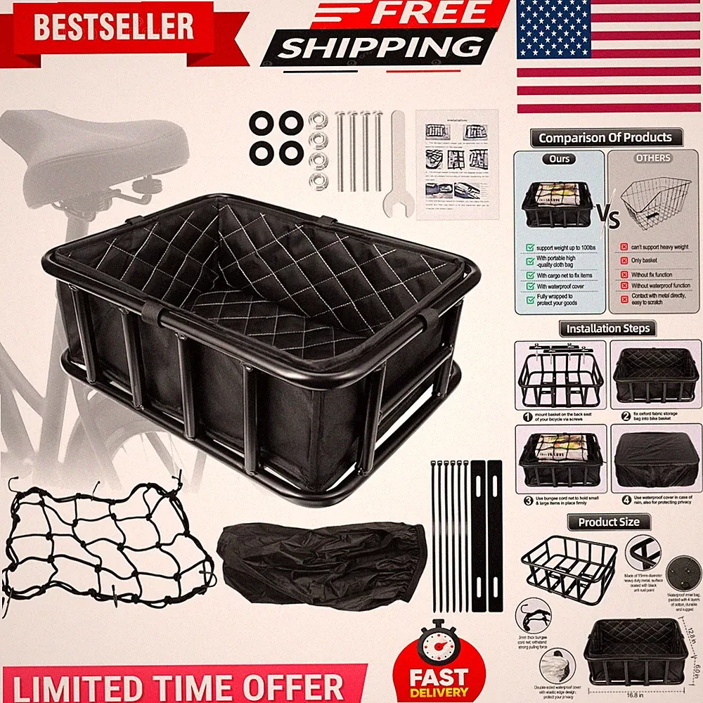 Bike Basket Rear Rack Bike Basket with Cargo Net and Liner Large Bicycle Basket