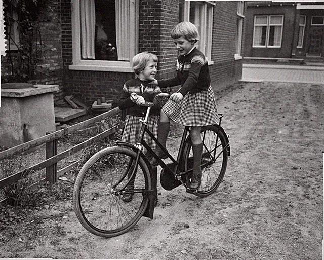 Black White Photo Learning to Ride a Bicycle Sisters 8x10 Reprint A-19