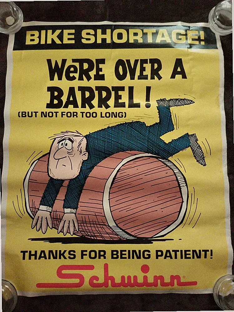 Original Vintage Schwinn Bicycle Bike Shortage Advertising Poster Sign Wall Art